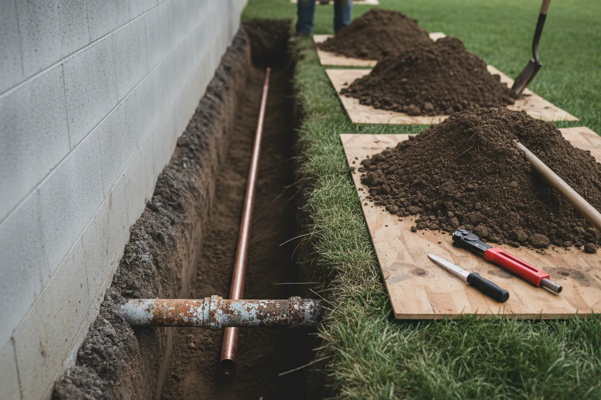 Excavated water line trench during Water Softener Installation in Ocean View